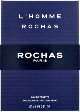 Granatowe pudełko Rochas L'Homme Eau de Toilette 60 ml, z białym napisem, widok z przodu.