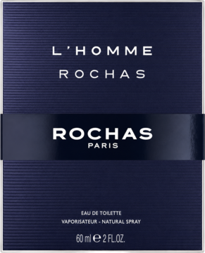 Rochas L'Homme męska woda toaletowa, 60ml, ciemnoniebieskie pudełko z fakturą w paski, widok z przodu.