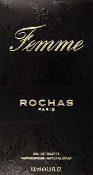Rochas Femme Eau de Toilette w czarnym pudełku z wytłoczonym wzorem koronki i złotymi napisami, widok z przodu.