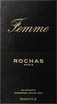 Rochas Femme Eau de Toilette, czarne pudełko z wytłaczanym wzorem i złotymi napisami Femme i Rochas, widok z przodu.