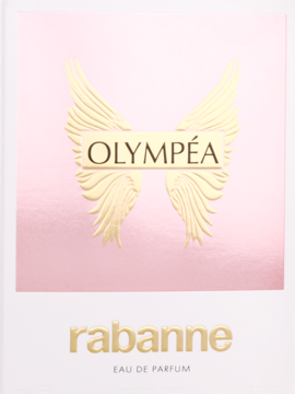 Różowo-białe opakowanie perfum Paco Rabanne Olympea EDP, z wypukłym złotym logo skrzydeł i tekstem. Widok z przodu.