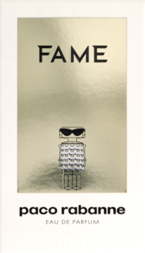 Perfumy Paco Rabanne Fame w eleganckim, złoto-białym pudełku z robotem w okularach, widok z przodu.