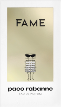 Paco Rabanne Fame EDP: złoto-białe opakowanie z napisem FAME i awangardową ilustracją flakonu. Widok z przodu.