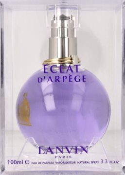 Lanvin Éclat d'Arpège EDP w przezroczystym pudełku. Fioletowa okrągła butelka 100ml z srebrnym atomizerem i złotym logo.