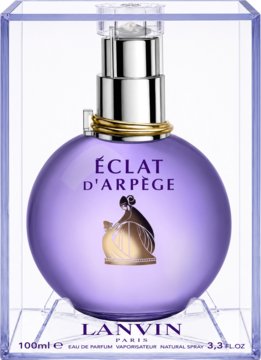 Lanvin Éclat d'Arpège woda perfumowana 100ml, fioletowa okrągła butelka ze złotym logo, w przezroczystym pudełku.