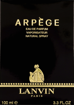 Czarne pudełko perfum Lanvin Arpège Eau De Parfum, ze złotymi napisami i logo matki z dzieckiem, widok z przodu.