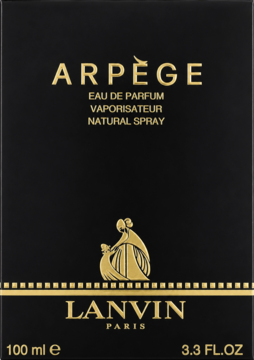 Czarne pudełko perfum Lanvin Arpège Eau de Parfum 100 ml, ze złotym napisem i grafiką matki z dzieckiem, widok z przodu.