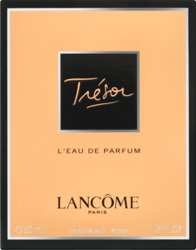 Opakowanie perfum Lancôme Trésor L'EAU DE PARFUM w kolorach czerni i brzoskwini, widok z przodu.