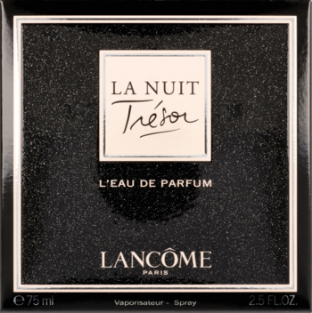 Czarne, błyszczące pudełko perfum Lancôme La Nuit Trésor L'Eau de Parfum 75 ml, widok z przodu.