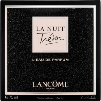 Czarny, brokatowy kartonik Lancôme La Nuit Trésor L'Eau de Parfum 75 ml z białym centralnym polem i logo.