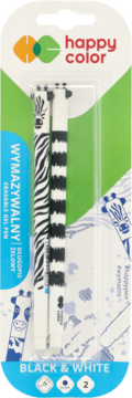 Happy Color długopisy wymazywalne Black&White, 2 szt. w blistrze. Zebra i paski, niebieski tusz 0,5 mm, widok z przodu.