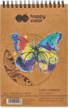 Szkicownik Happy Color na spirali, brązowa, papierowa okładka z barwnym motylem, widok z przodu.