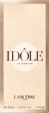 Frontowe opakowanie perfum Lancôme Idôle Le Parfum 50ml, jasnobeżowe z czarnym napisem i złotymi detalami.