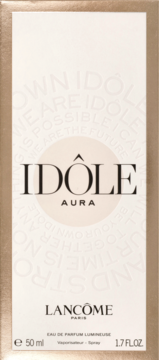 Biało-złote kartonowe pudełko perfum Lancôme Idôle Aura Eau de Parfum Lumineuse, widok z przodu.