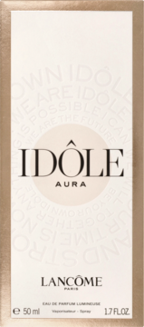 Lancôme Idôle Aura woda perfumowana 50ml, front biało-złotego pudełka z czarnym logo i nazwami produktu.