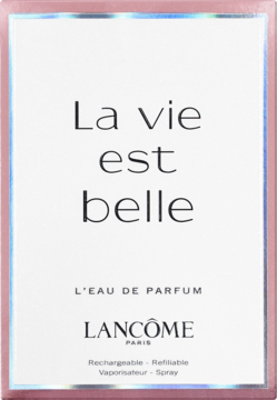 Karta próbki perfum Lancôme La vie est belle, biała z holograficzną ramką, tekst L'EAU DE PARFUM, widok z przodu.