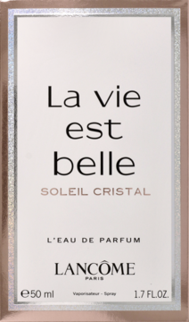 La Vie Est Belle Soleil Cristal perfumy Lancôme, front prostokątnego pudełka, jasne, połyskujące z metalową ramką.