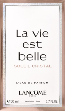 Przedni widok pudełka perfum Lancôme La Vie Est Belle Soleil Cristal 50 ml, białe z różowo-złotą ramką.