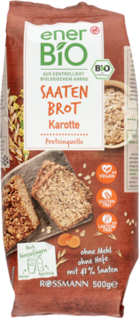 Brązowe opakowanie enerBiO Saaten Brot Karotte, widok z przodu. Pieczywo z nasionami i marchwią, bezglutenowe, wegańskie.