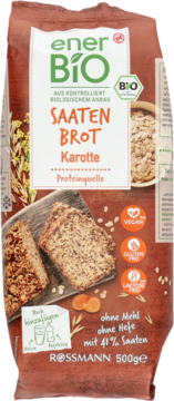 Brązowe opakowanie enerBiO Saaten Brot Karotte, widok z przodu. Pieczywo z nasionami i marchwią, bezglutenowe, wegańskie.
