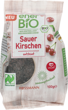 Biało-zielona saszetka enerBiO Sauer Kirschen, 100g suszonych, drylowanych wiśni. Z przodu Rossmann, Vegan.