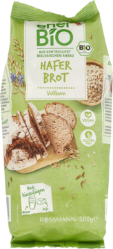 Zielone opakowanie enerBiO Hafer Brot Vollkorn, wegańskiej, bezglutenowej mieszanki do pieczenia chleba owsianego.