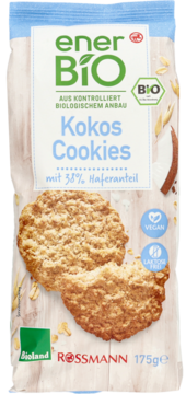 Front opakowania enerBiO Kokos Cookies 175g, wegańskie, bez laktozy, z BIO owsem, z dwoma ciastkami.