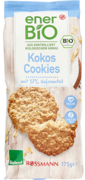 Front opakowania enerBiO Kokos Cookies 175g, wegańskie, bez laktozy, z BIO owsem, z dwoma ciastkami.
