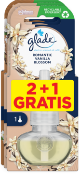 Glade wkład Romantic Vanilla Blossom, zestaw 2+1 gratis. Beżowe opakowanie odświeżacza powietrza z kwiatami wanilii, widok z przodu.
