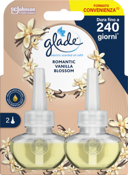 Glade Electric Scented Oil wkład Romantic Vanilla Blossom, 2 sztuki, widok z przodu opakowania z butelkami na waniliowym tle.