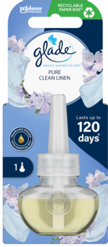 Wkład Glade Electric Scented Oil Pure Clean Linen w niebiesko-zielonym kartonie z butelką, widok z przodu.