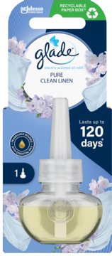 Wkład Glade Electric Scented Oil Pure Clean Linen w niebiesko-zielonym kartonie z butelką, widok z przodu.