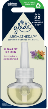 Glade Aromatherapy Electric Scented Oil Refill, Moment of Zen (Lavender+Sandalwood), blue/beige packaging.