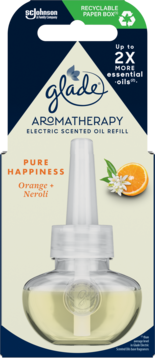 Glade Aromatherapy Pure Happiness Orange+Neroli, elektryczny wkład w granatowym opakowaniu, widok z przodu.