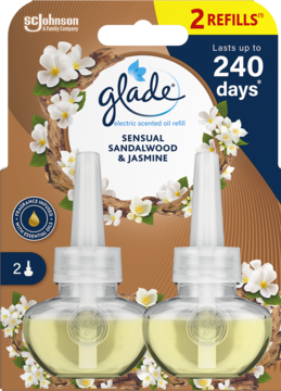 Glade Electric Scented Oil Sensual Sandalwood & Jasmine, 2 wkłady w kartonowym opakowaniu z jaśminem, widok z przodu.