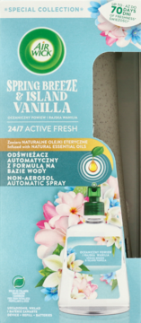 Air Wick automatyczny odświeżacz Spring Breeze & Island Vanilla w białym opakowaniu z kwiatami.
