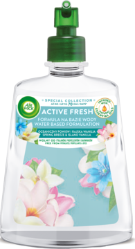 Air Wick Active Fresh wodny zapas w przezroczystej butelce z kwiatami i zielonym dozownikiem, widok z przodu.