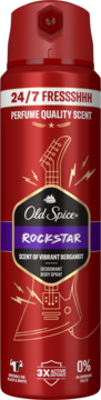 Czerwony dezodorant Old Spice Rockstar w sprayu, etykieta z gitarą, napis "Scent of Vibrant Bergamot". Widok z przodu.