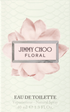 Front of Jimmy Choo Floral Eau de Toilette box, light green with large pink flower and silver label.