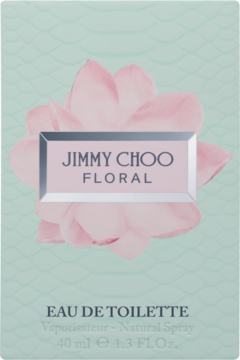 Opakowanie Jimmy Choo Floral woda toaletowa 40ml, jasnozielone z różowym kwiatem i srebrnym logo.