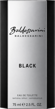 Baldessarini Black Eau de Toilette 75ml, srebrno-czarne pudełko perfum z napisem 'BLACK' na froncie.