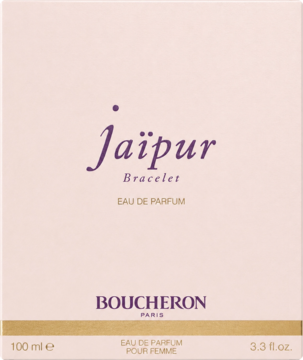 Boucheron Jaipur Bracelet woda perfumowana 100ml, różowo-beżowe opakowanie z fioletowym napisem i złotym paskiem, widok z przodu.