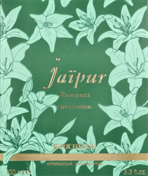 Boucheron Jaipur Bouquet Eau de Parfum, zielone pudełko z delikatnym wzorem białych lilii i złotym napisem, widok z przodu.
