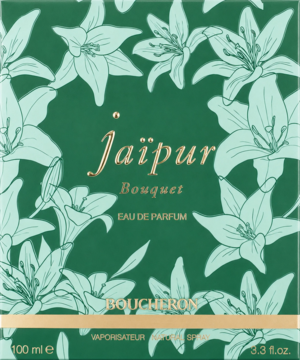 Boucheron Jaipur Bouquet EDP, zielone opakowanie z liliami, złote napisy, 100 ml, widok z przodu.