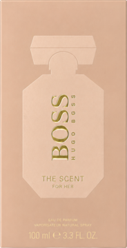 Beżowe pudełko Boss The Scent For Her EDP 100ml, z wytłoczonym flakonem i złotymi napisami, widok z przodu.