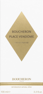 Białe pudełko Boucheron Place Vendôme eau de parfum 100ml z centralną złotą etykietą w kształcie rombu, widok z przodu.