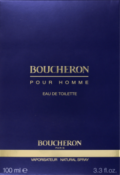 Ciemnoniebieskie pudełko Boucheron Pour Homme Eau de Toilette 100ml z zlotymi napisami, widok z przodu.