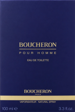 Granatowe opakowanie Boucheron Pour Homme Eau de Toilette 100 ml, z przodu, złote napisy i pasek.