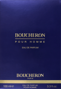 Ciemnoniebieskie, matowe opakowanie Boucheron Pour Homme Eau de Parfum 100ml z złotym napisem, widok z przodu.