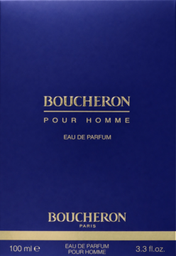 Boucheron Pour Homme, męska woda perfumowana w eleganckim granatowym pudełku ze złotymi detalami, widok z przodu.